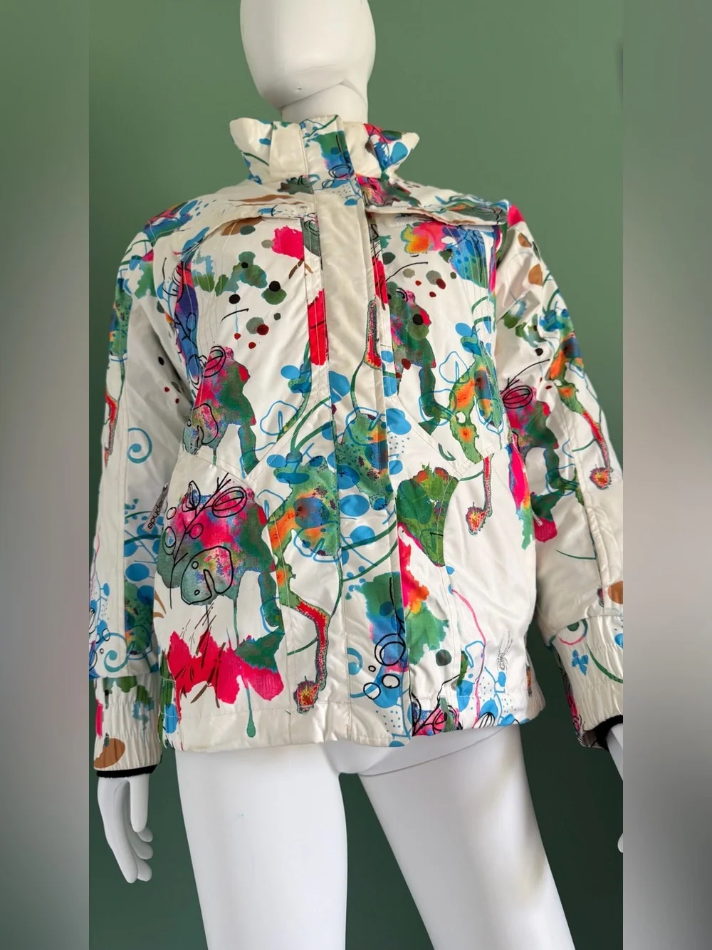 Spyder Women's White Ski Jacket with Multicolor Abstract Art Print